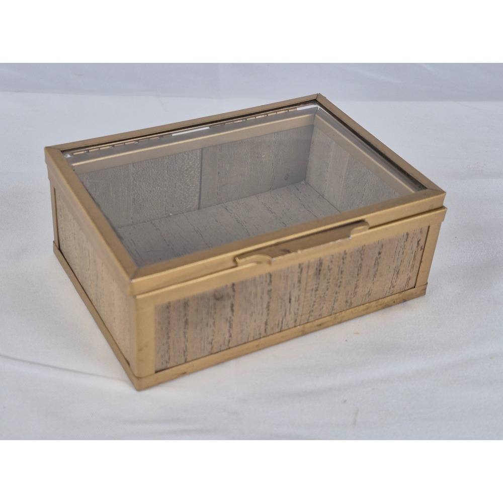 Vintage Glass‎ Top Trinket Box Gold Tone Faux Wood Jewelry Keepsake Decor Case